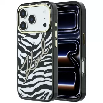 Capa MagSafe Karl Lagerfeld IML Signature Zebra Glitter para iPhone 18 Pro / 17 Pro - dourada