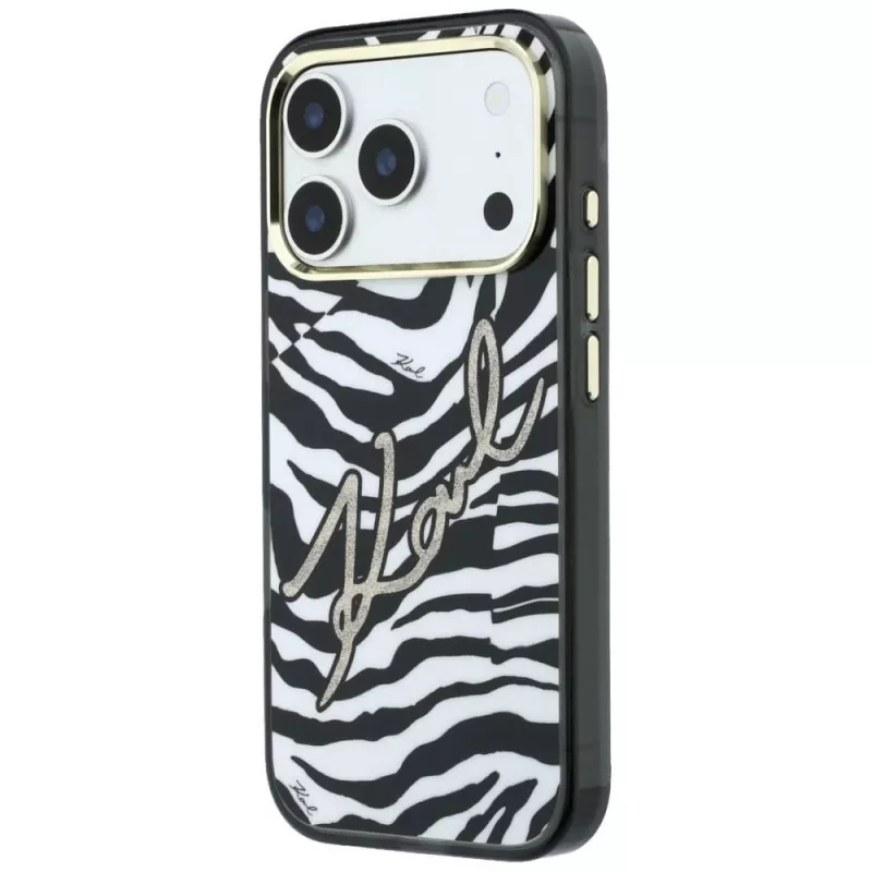 Capa MagSafe Karl Lagerfeld IML Signature Zebra Glitter para iPhone 18 Pro / 17 Pro - dourada