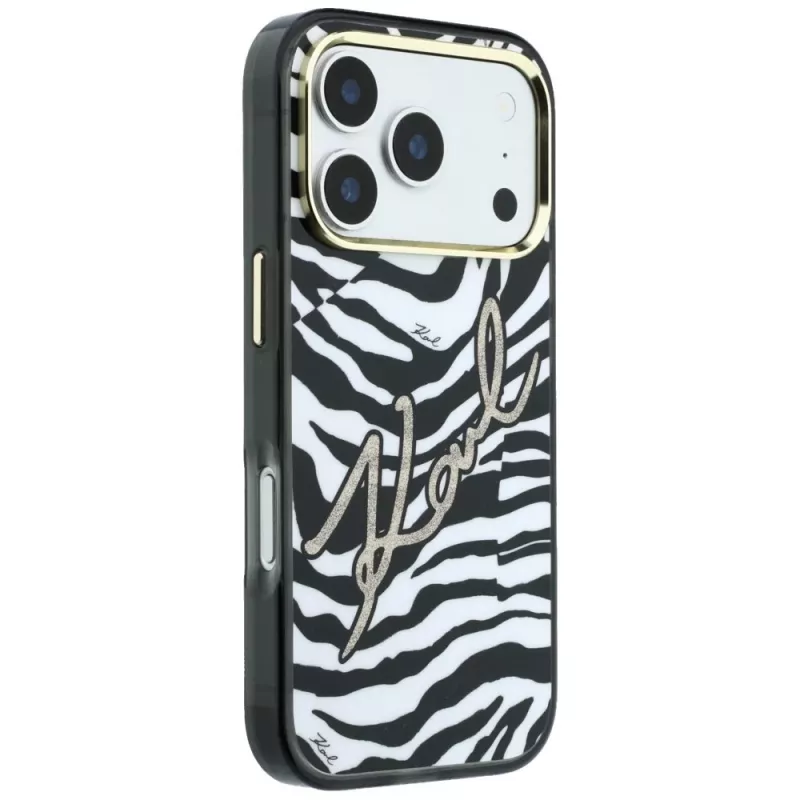 Capa MagSafe Karl Lagerfeld IML Signature Zebra Glitter para iPhone 18 Pro / 17 Pro - dourada