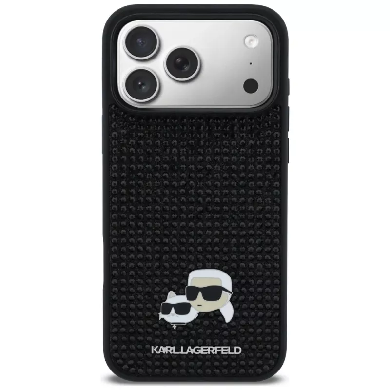 Capa Karl Lagerfeld Rhinestones Karl & Choupette Pin para iPhone 17 Pro Max - preta