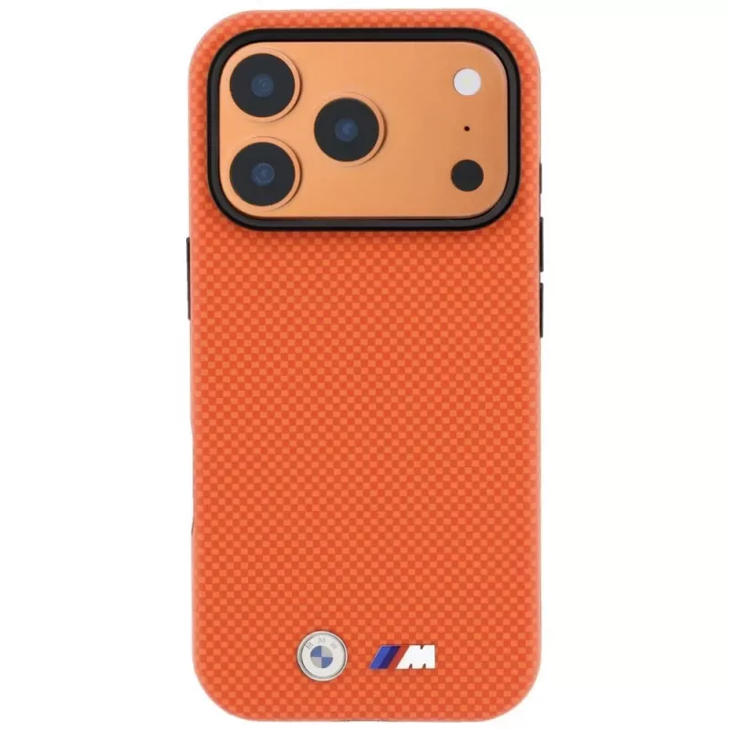 Capa MagSafe BMW M Quadrille Kevlar para iPhone 17 Pro Max / 18 Pro Max – laranja com logótipo metálico
