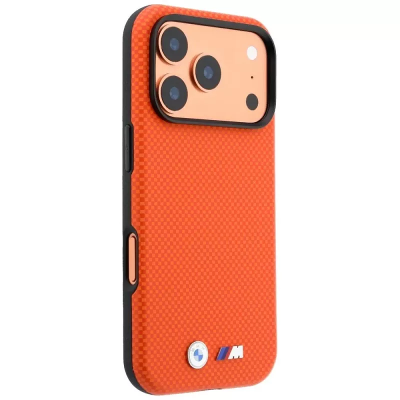 Capa MagSafe BMW M Quadrille Kevlar para iPhone 17 Pro Max / 18 Pro Max – laranja com logótipo metálico
