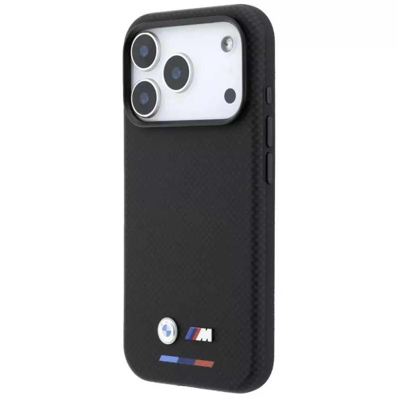 Capa MagSafe BMW M Quadrille Kevlar para iPhone 18 Pro Max / 17 Pro Max - preta com tricolor e logótipo metálico
