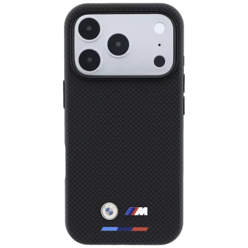 Capa MagSafe BMW M Quadrille Kevlar para iPhone 18 Pro Max / 17 Pro Max - preta com tricolor e logótipo metálico