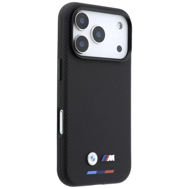 Capa MagSafe BMW M Quadrille Kevlar para iPhone 18 Pro Max / 17 Pro Max - preta com tricolor e logótipo metálico