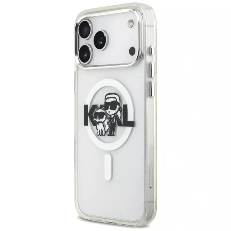Capa MagSafe Karl Lagerfeld IML Glitter Karl & Choupette Sketch Logo para iPhone 17 Pro Max, transparente