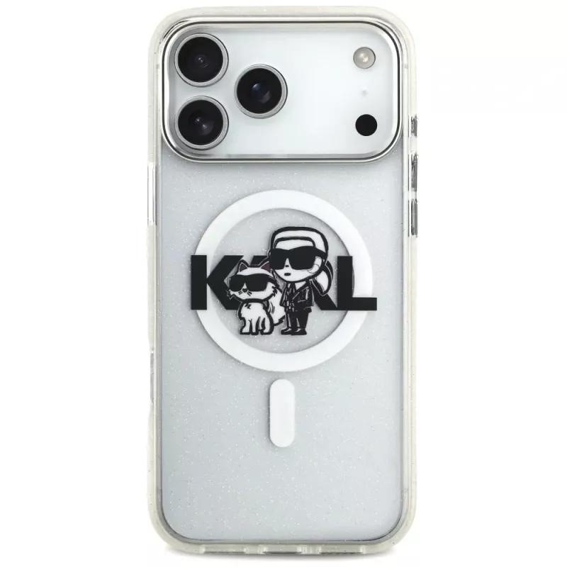 Capa MagSafe Karl Lagerfeld IML Glitter Karl & Choupette Sketch Logo para iPhone 17 Pro Max, transparente