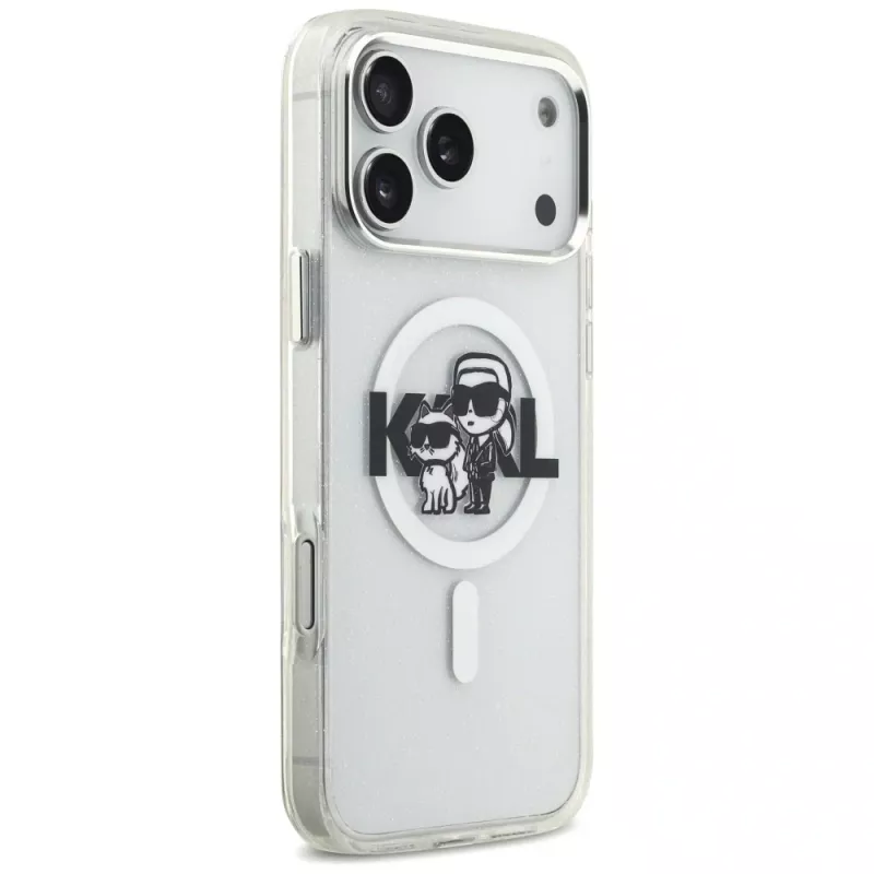 Capa MagSafe Karl Lagerfeld IML Glitter Karl & Choupette Sketch Logo para iPhone 17 Pro Max, transparente