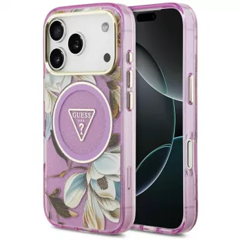 Capa MagSafe GUESS IML Glitter Flowers Triangle para iPhone 18 Pro / 17 Pro - Roxo