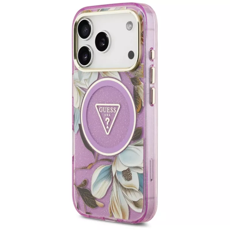 Capa MagSafe GUESS IML Glitter Flowers Triangle para iPhone 18 Pro / 17 Pro - Roxo