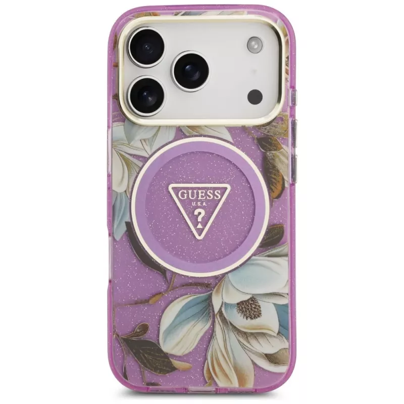 Capa MagSafe GUESS IML Glitter Flowers Triangle para iPhone 18 Pro / 17 Pro - Roxo