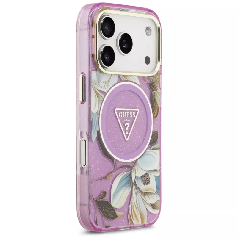 Capa MagSafe GUESS IML Glitter Flowers Triangle para iPhone 18 Pro / 17 Pro - Roxo
