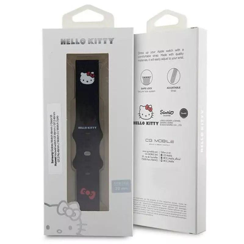 Pulseira de silicone Hello Kitty com cabeça da Kitty para smartwatches, 22 mm, Preto