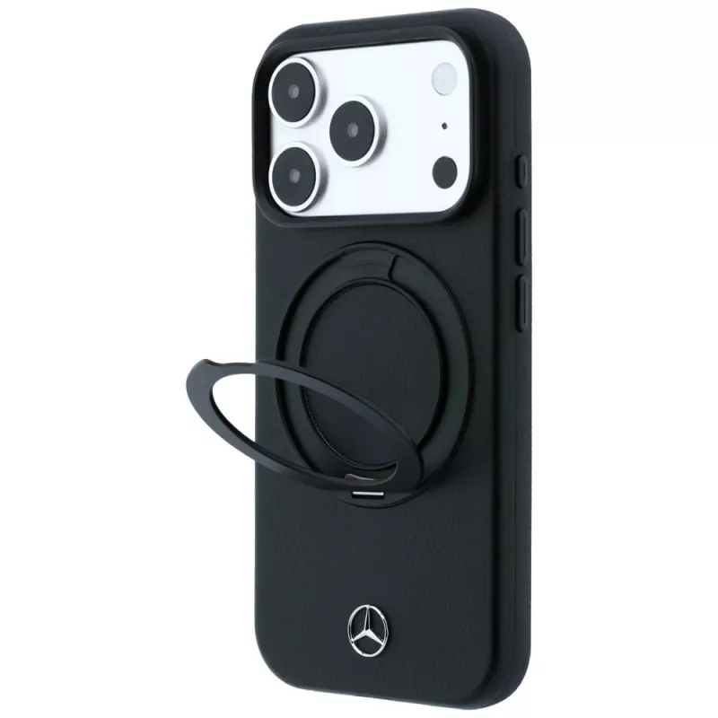 Capa de pele Mercedes com suporte de anel MagSafe para iPhone 18 Pro Max / 17 Pro Max - Preto