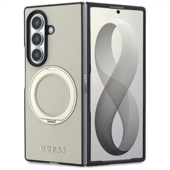 Guess Capa MagSafe Magnetic Ring Stand Grained Classic Logo para Samsung Galaxy Z Fold 8 Ultra (bege)