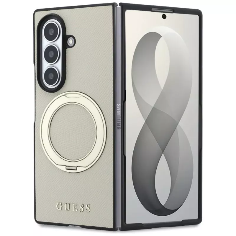 Guess Capa MagSafe Magnetic Ring Stand Grained Classic Logo para Samsung Galaxy Z Fold 8 Ultra (bege)