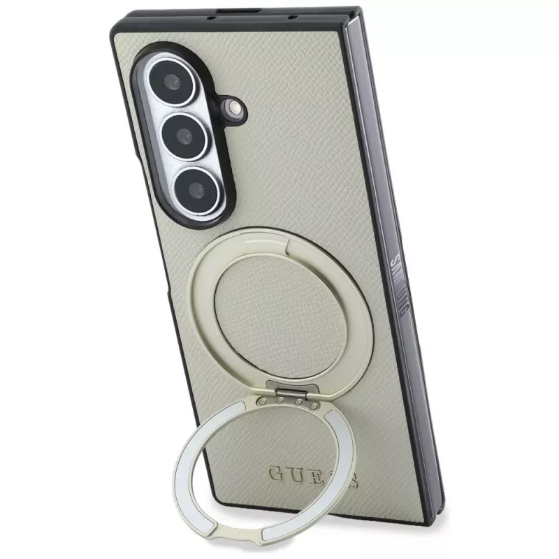 Guess Capa MagSafe Magnetic Ring Stand Grained Classic Logo para Samsung Galaxy Z Fold 8 Ultra (bege)