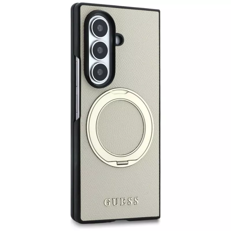 Guess Capa MagSafe Magnetic Ring Stand Grained Classic Logo para Samsung Galaxy Z Fold 8 Ultra (bege)