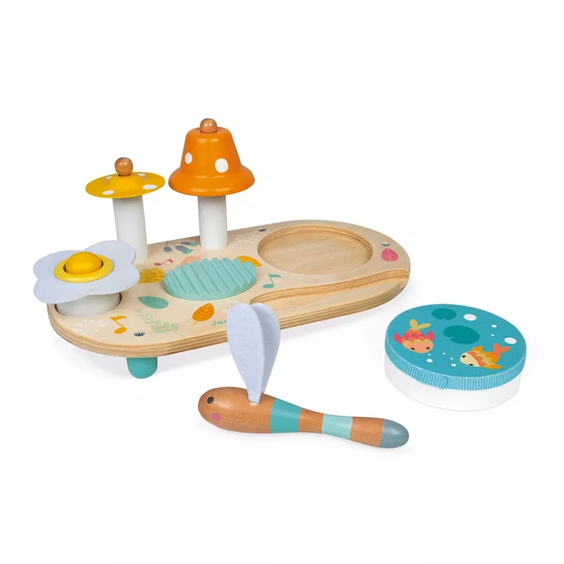 Janod Pure Mesa de atividades musical de madeira com xilofone, tambor, raspador e maraca – certificada FSC, a partir dos 12 meses