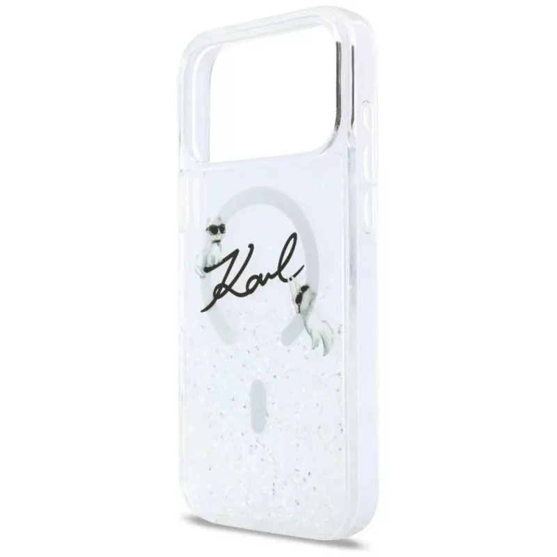 Capa MagSafe Karl Lagerfeld Liquid Glitter Karl Script Logo para iPhone 17 Pro transparente