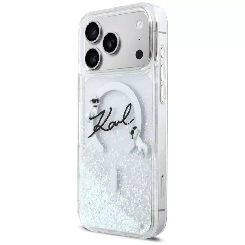 Capa MagSafe Karl Lagerfeld Liquid Glitter Karl Script Logo para iPhone 17 Pro transparente