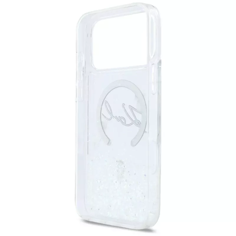 Capa MagSafe Karl Lagerfeld Liquid Glitter Karl Script Logo para iPhone 17 Pro Max, transparente