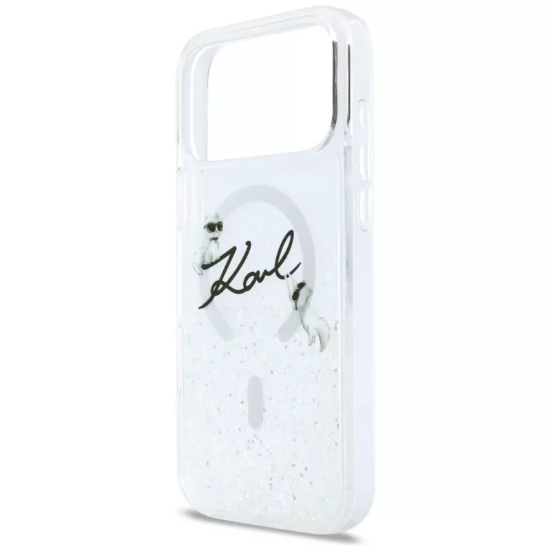 Capa MagSafe Karl Lagerfeld Liquid Glitter Karl Script Logo para iPhone 17 Pro Max, transparente