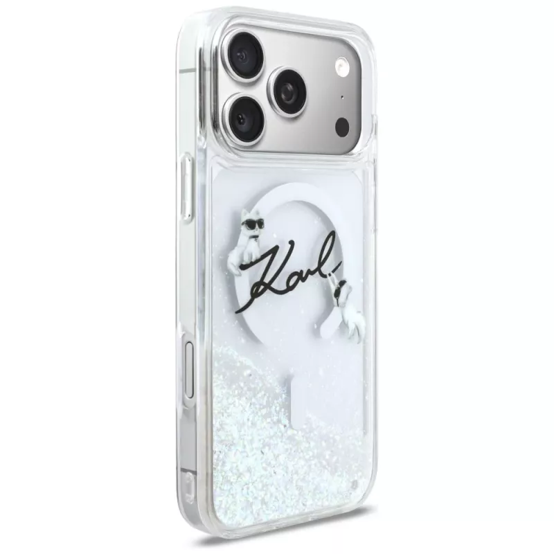 Capa MagSafe Karl Lagerfeld Liquid Glitter Karl Script Logo para iPhone 17 Pro Max, transparente