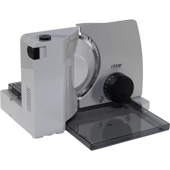 Ritter Compact 7 Cortadora de fiambre elétrica multiusos com motor Eco 65 W, lâmina de aço inoxidável serrilhada, espessura de corte 0-20 mm, design dobrável, pés de sucção, Preto/Prata
