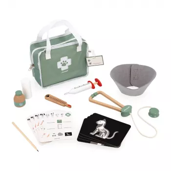 Janod conjunto de veterinário - conjunto de jogo de role-play de 10 peças com instrumentos de madeira e saco de transporte em tecido