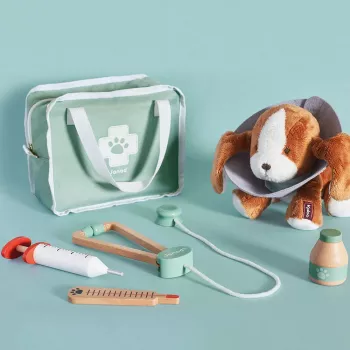 Janod conjunto de veterinário - conjunto de jogo de role-play de 10 peças com instrumentos de madeira e saco de transporte em tecido