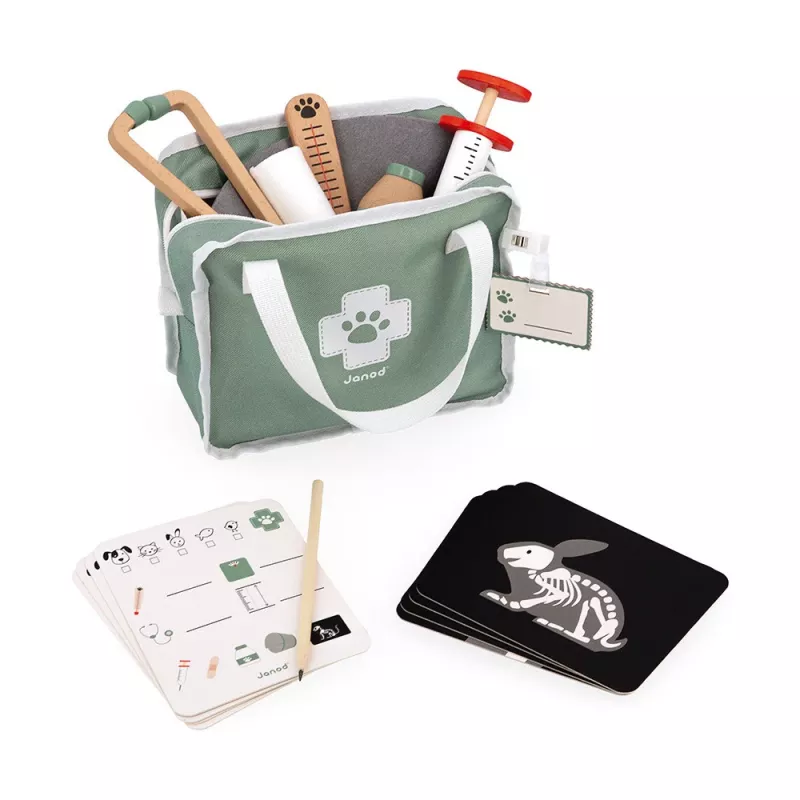 Janod conjunto de veterinário - conjunto de jogo de role-play de 10 peças com instrumentos de madeira e saco de transporte em tecido
