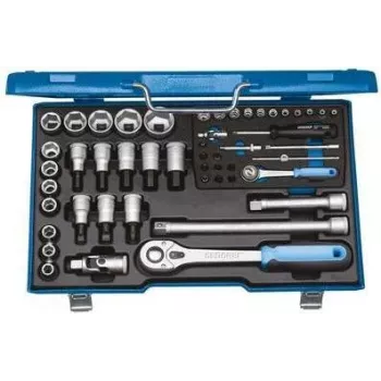 GEDORE Conjunto de 50 peças de chaves de caixa com encaixe de 1/4 inch e 1/2 inch, de 6 faces, cromado mate, em mala