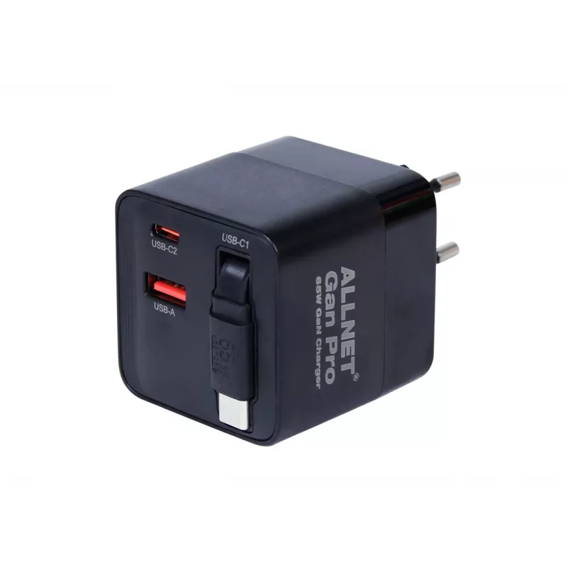 ALLNET carregador de parede GaN USB-C PD 65W com Quick Charge 3.0, 2x USB-C e 1x USB-A