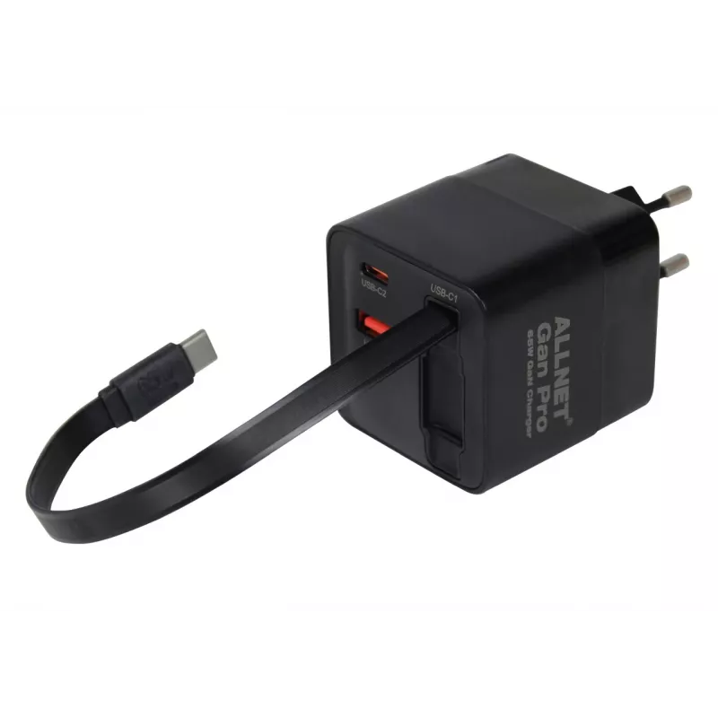 ALLNET carregador de parede GaN USB-C PD 65W com Quick Charge 3.0, 2x USB-C e 1x USB-A