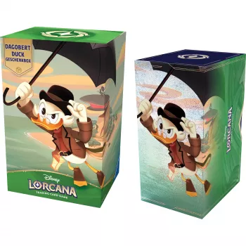 Ravensburger Disney Lorcana TCG: Caixa de presente Scrooge McDuck - Into the Inklands | 6 packs de boosters, 2 cartas foil oversized, deckbox, marcadores de lore | a partir de 8 anos