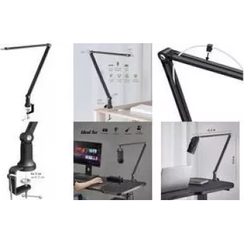 LogiLink Suporte articulado para microfone, 840 mm, preto, totalmente ajustável, rotação 360°, fixação de mesa, aço