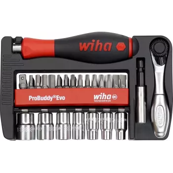 WIHA 46960 Evo Conjunto de 40 peças de bits e casquilhos, encaixe de 1/4 polegada, aço cromo-vanádio, com catraca de 72 dentes, casquilhos 5,5-13 mm, bits: fenda, Phillips, Pozidriv, Torx, hexagonal, em mala robusta