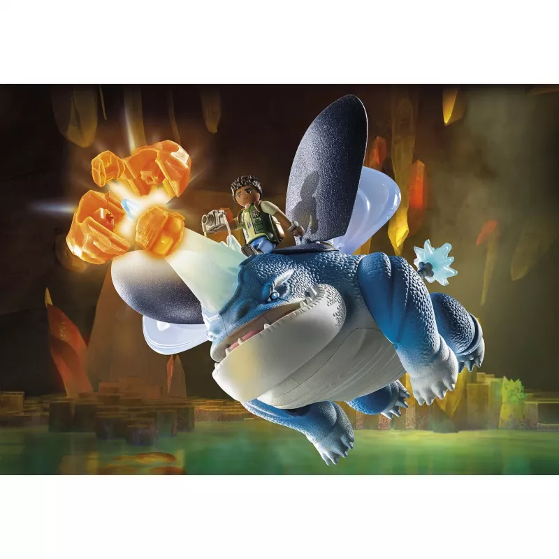 Playmobil 71082 Dragons: The Nine Realms - Plowhorn & D'Angelo com função de explosão de rocha de cristal
