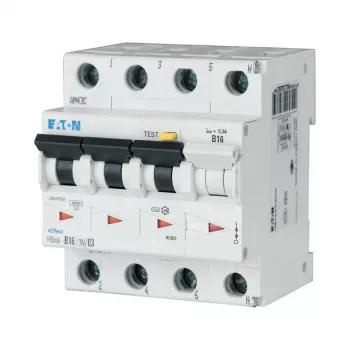 Interruptor diferencial com proteção de circuito Eaton FRBM6-C16/3N/003-A (RCBO), 4 polos, 16 A, 30 mA, tipo A, curva C, 10 kA