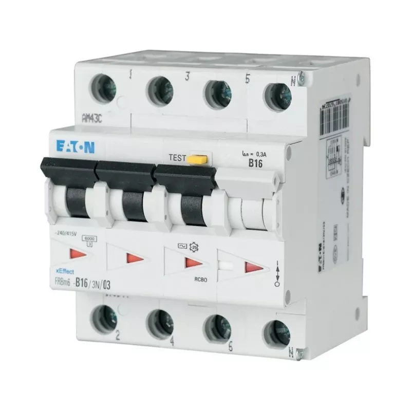 Interruptor diferencial com proteção de circuito Eaton FRBM6-C16/3N/003-A (RCBO), 4 polos, 16 A, 30 mA, tipo A, curva C, 10 kA
