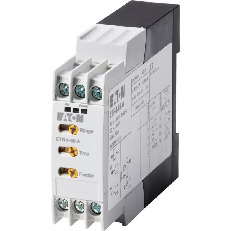 EATON ETR4-69-A Relé temporizador multifunções, 1 comutador, 24-240 V AC/DC, 0,05 s - 100 h, calha DIN