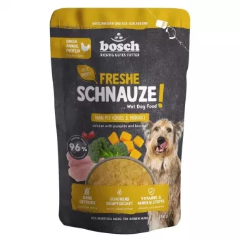 Comida húmida mono-proteica BOSCH Freshe Schnauze para cães com frango, abóbora e brócolos – saco de 250 g