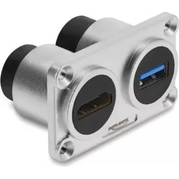 Tomada de montagem dupla em painel Delock USB 5 Gbps Type-A fêmea + HDMI fêmea 4K prateado