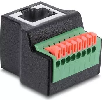 Adaptador Delock tomada RJ45 para barra de terminais de 8 polos, 90° angular, botão de pressão, preto