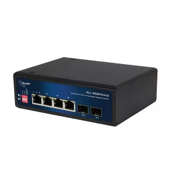 ALLNET ALL-SGI8104v3 Switch industrial não gerido Layer 2, 6 portas GbE, 4x GbE RJ45, 2x SFP, sem ventoinha, IP40