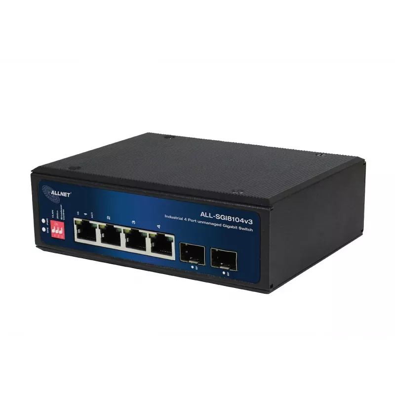 ALLNET ALL-SGI8104v3 Switch industrial não gerido Layer 2, 6 portas GbE, 4x GbE RJ45, 2x SFP, sem ventoinha, IP40