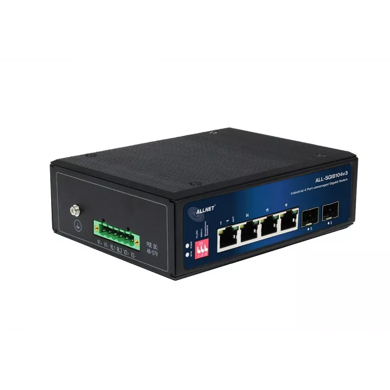 ALLNET ALL-SGI8104v3 Switch industrial não gerido Layer 2, 6 portas GbE, 4x GbE RJ45, 2x SFP, sem ventoinha, IP40