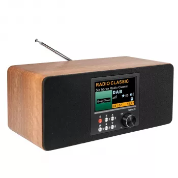 Albrecht DR 864 Rádio estéreo DAB+ FM com Bluetooth, caixa em madeira, 2x7W RMS, ecrã TFT a cores de 2,4 polegadas, duplo alarme, AUX-In, ligação para auscultadores, função de carregamento USB, telecomando