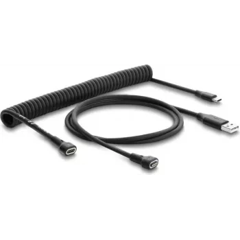 Delock cabo espiral magnético USB 2.0 Type-A ficha macho para Pogo 4 pinos ficha macho + USB Type-C ficha macho para Pogo 4 pinos conector fêmea conjunto de adaptadores preto 1,5 m